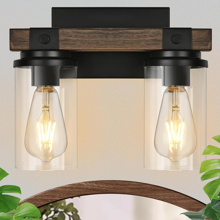 Bathroom Lights Fixtures Over Mirror Rustic Farmhouse Vanity Lights for Bathroom 2 Light Industrial Matte Black Wood Wall Light Vintage Wall Sconce Lighting for Bathroom Bedroom Hallway - Just Closeouts Canada Inc.