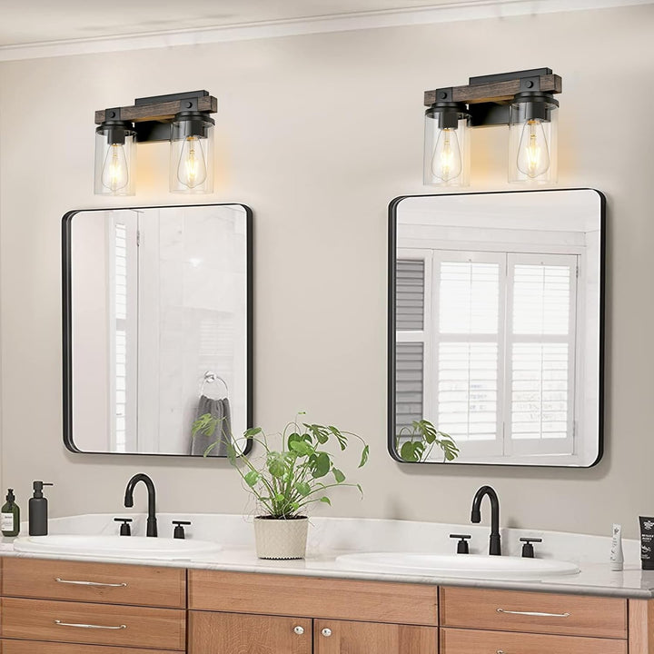 Bathroom Lights Fixtures Over Mirror Rustic Farmhouse Vanity Lights for Bathroom 2 Light Industrial Matte Black Wood Wall Light Vintage Wall Sconce Lighting for Bathroom Bedroom Hallway - Just Closeouts Canada Inc.