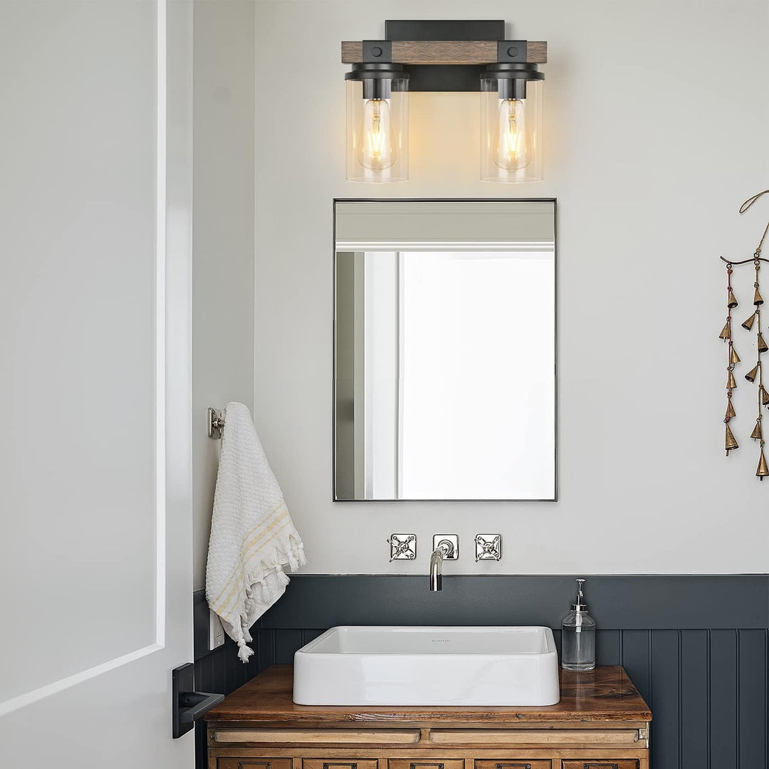 Bathroom Lights Fixtures Over Mirror Rustic Farmhouse Vanity Lights for Bathroom 2 Light Industrial Matte Black Wood Wall Light Vintage Wall Sconce Lighting for Bathroom Bedroom Hallway - Just Closeouts Canada Inc.