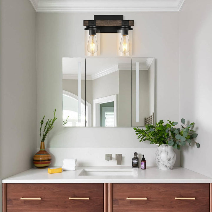 Bathroom Lights Fixtures Over Mirror Rustic Farmhouse Vanity Lights for Bathroom 2 Light Industrial Matte Black Wood Wall Light Vintage Wall Sconce Lighting for Bathroom Bedroom Hallway - Just Closeouts Canada Inc.