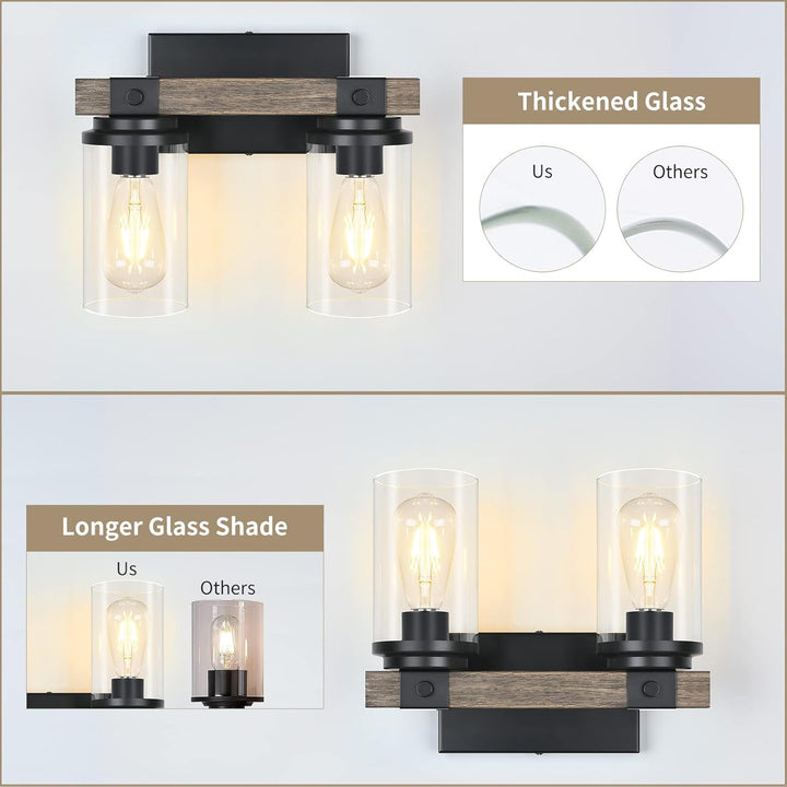 Bathroom Lights Fixtures Over Mirror Rustic Farmhouse Vanity Lights for Bathroom 2 Light Industrial Matte Black Wood Wall Light Vintage Wall Sconce Lighting for Bathroom Bedroom Hallway - Just Closeouts Canada Inc.