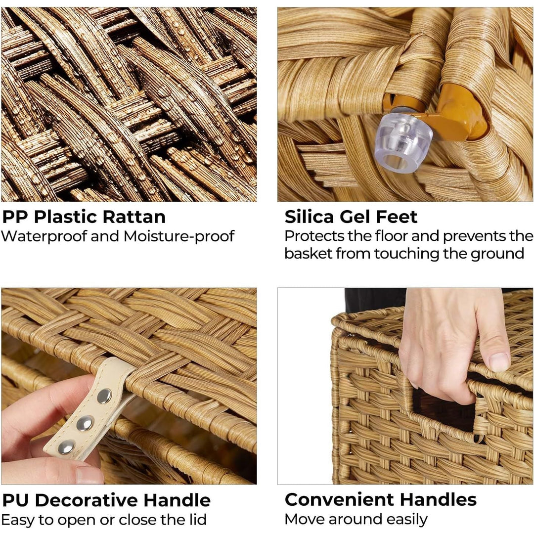 Greenstell Laundry Hamper with Lid, 60L Clothes Hamper with 2 Removable Liner Bags & 2 Mesh Laundry Bags, Handwoven Synthetic Rattan Laundry Basket for Clothes, Toys in Bathroom, Bedroom Natural 4 - Just Closeouts Canada Inc.