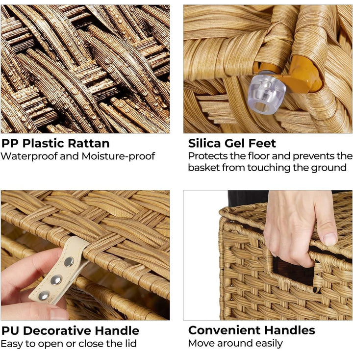 Greenstell Laundry Hamper with Lid, 60L Clothes Hamper with 2 Removable Liner Bags & 2 Mesh Laundry Bags, Handwoven Synthetic Rattan Laundry Basket for Clothes, Toys in Bathroom, Bedroom Natural 4 - Just Closeouts Canada Inc.