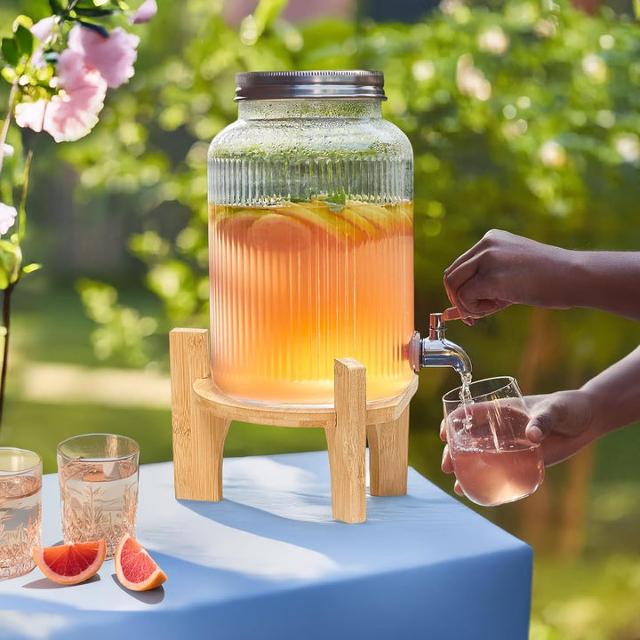 1 Gallon Glass Drink Dispenser for Parties 2Pack, Beverage Dispenser with Wood Stand, Drink Dispenser with 304 Stainless Steel Spigot Leakproof - Just Closeouts Canada Inc.