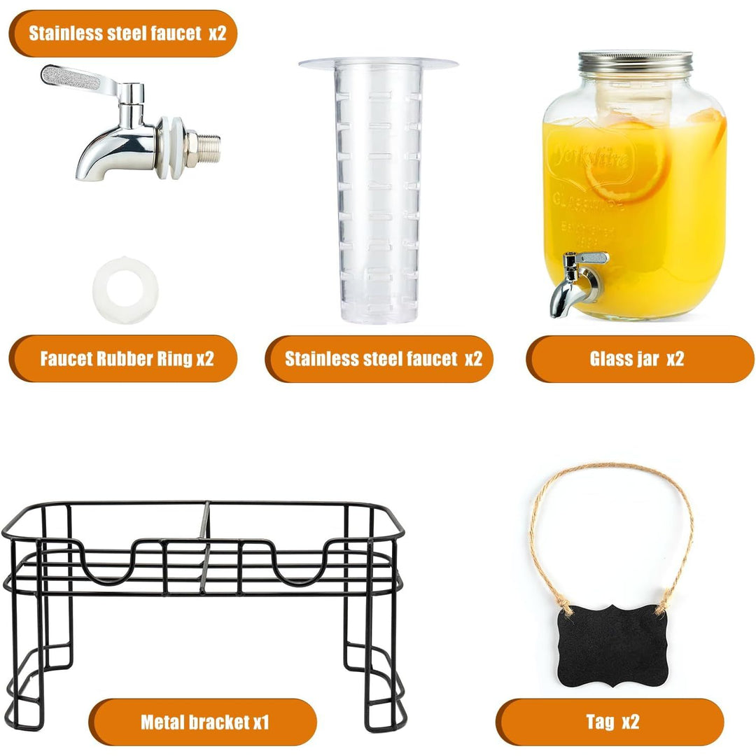 1 Gallon Glass Drink Dispensers for Parties, 2PACK Beverage Dispenser with Stand, Ice Cylinder and Stainless Steel Spigot 100% Leakproof, Beverage Dispenser for Lemonade Sun Tea - Just Closeouts Canada Inc.