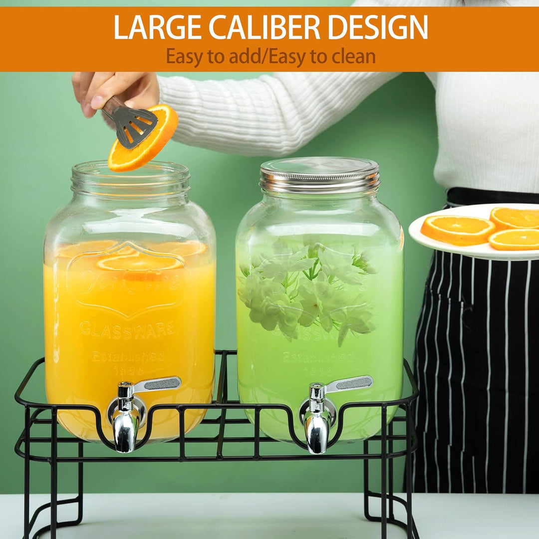1 Gallon Glass Drink Dispensers for Parties, 2PACK Beverage Dispenser with Stand, Ice Cylinder and Stainless Steel Spigot 100% Leakproof, Beverage Dispenser for Lemonade Sun Tea - Just Closeouts Canada Inc.