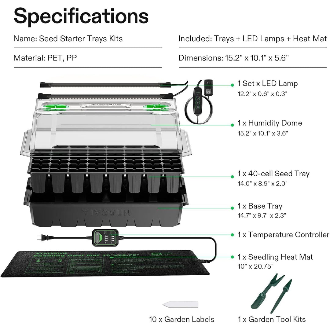 1 - Pack 40 - Cell Seed Starter Trays with 1 Set of LED Lights and 10"x20.75" Seedling Heat Mat, 3.6" Higher Cover, Adjustable Vents, Drainage Holes, Green Propagation Tray for Planting Seeds - Just Closeouts Canada Inc.