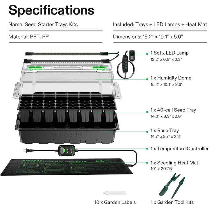 1 - Pack 40 - Cell Seed Starter Trays with 1 Set of LED Lights and 10"x20.75" Seedling Heat Mat, 3.6" Higher Cover, Adjustable Vents, Drainage Holes, Green Propagation Tray for Planting Seeds - Just Closeouts Canada Inc.