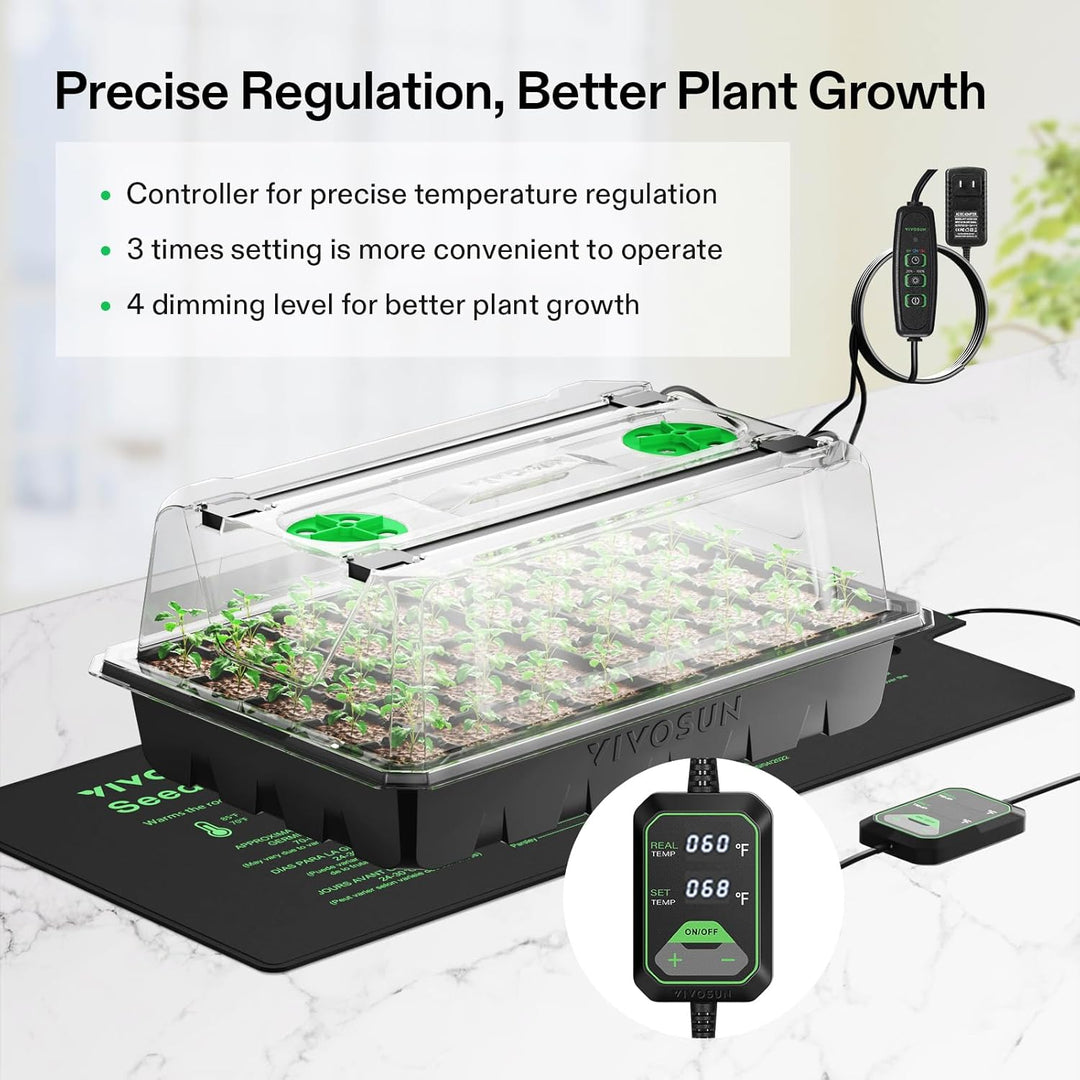 1 - Pack 40 - Cell Seed Starter Trays with 1 Set of LED Lights and 10"x20.75" Seedling Heat Mat, 3.6" Higher Cover, Adjustable Vents, Drainage Holes, Green Propagation Tray for Planting Seeds - Just Closeouts Canada Inc.