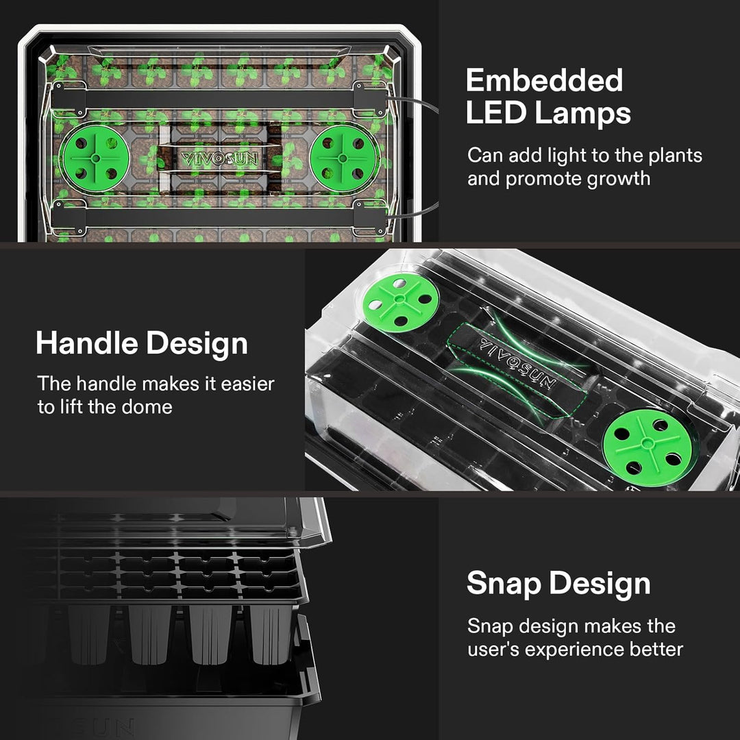 1 - Pack 40 - Cell Seed Starter Trays with 1 Set of LED Lights and 10"x20.75" Seedling Heat Mat, 3.6" Higher Cover, Adjustable Vents, Drainage Holes, Green Propagation Tray for Planting Seeds - Just Closeouts Canada Inc.