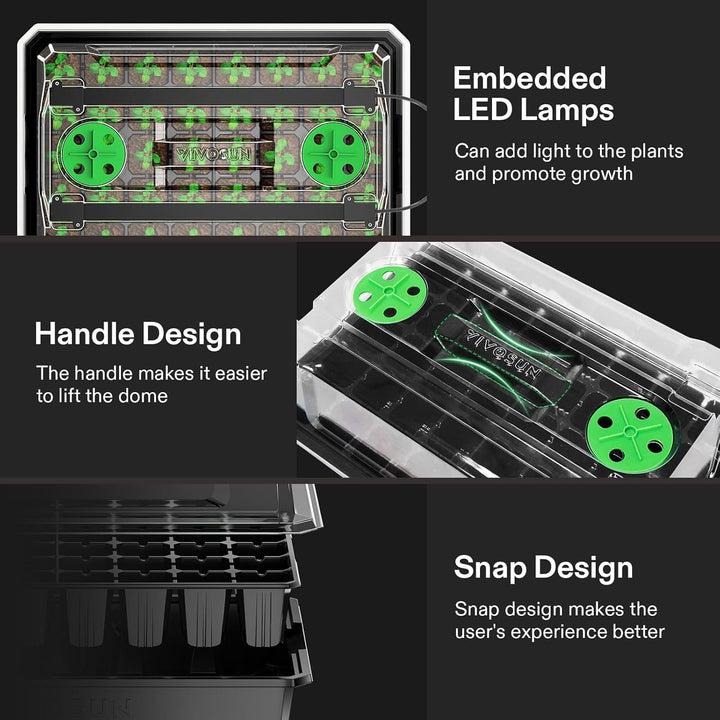 1 - Pack 40 - Cell Seed Starter Trays with 1 Set of LED Lights and 10"x20.75" Seedling Heat Mat, 3.6" Higher Cover, Adjustable Vents, Drainage Holes, Green Propagation Tray for Planting Seeds - Just Closeouts Canada Inc.