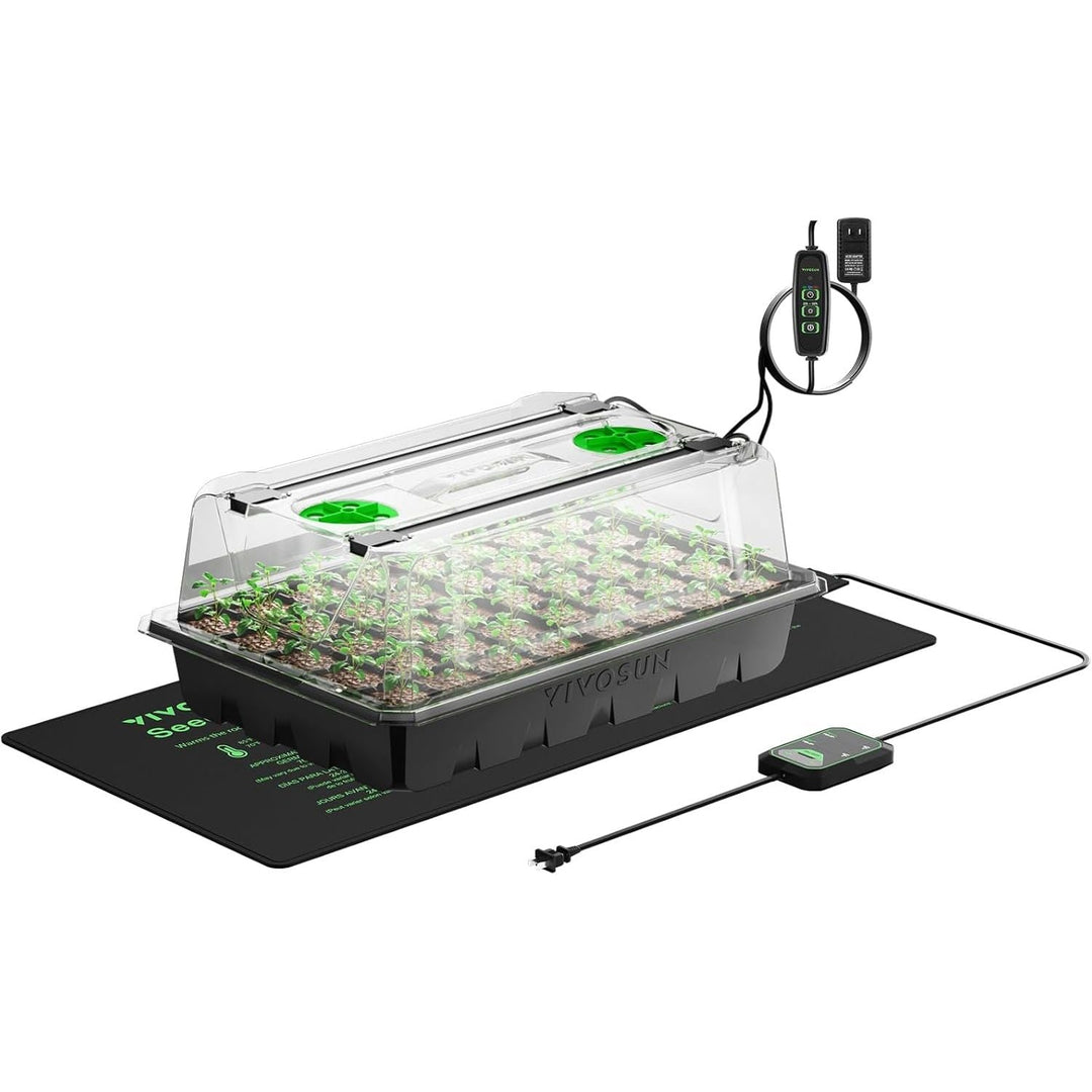 1 - Pack 40 - Cell Seed Starter Trays with 1 Set of LED Lights and 10"x20.75" Seedling Heat Mat, 3.6" Higher Cover, Adjustable Vents, Drainage Holes, Green Propagation Tray for Planting Seeds - Just Closeouts Canada Inc.