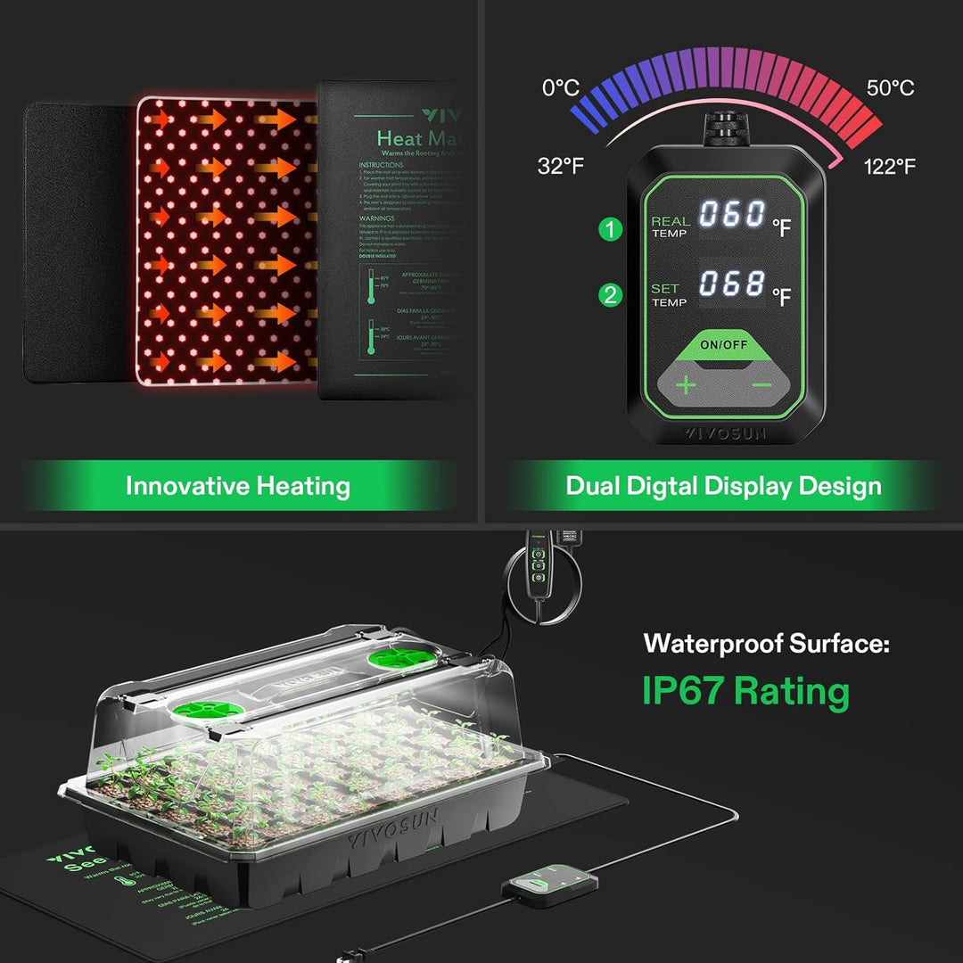1 - Pack 40 - Cell Seed Starter Trays with 1 Set of LED Lights and 10"x20.75" Seedling Heat Mat, 3.6" Higher Cover, Adjustable Vents, Drainage Holes, Green Propagation Tray for Planting Seeds - Just Closeouts Canada Inc.
