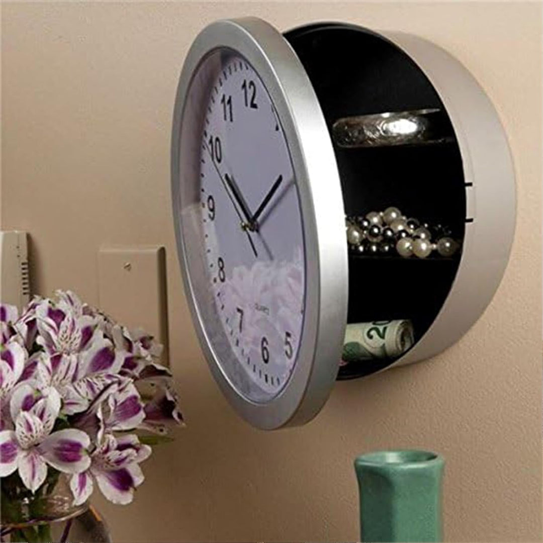 10 Inch Plastic Wall Clock with Hidden Safe, Indoor Cool Hidden Compartment Clock Diversion Safe with Secret Interior Storage for Jewelry, Cash, Valuables (Silver) - Just Closeouts Canada Inc.