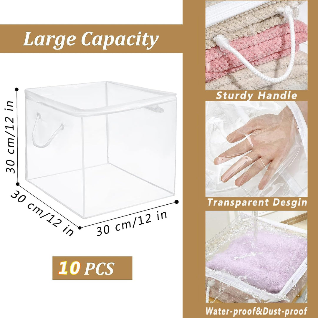 10 Pack Clear Zippered Storage Bags with Handles, PVC Storage Cube with Two - way Zipper, Foldable Closet Organizer Bed Sheet Organizer, Plastic Moving Bag Bin for Clothes, Towel, Sweater - Just Closeouts Canada Inc.