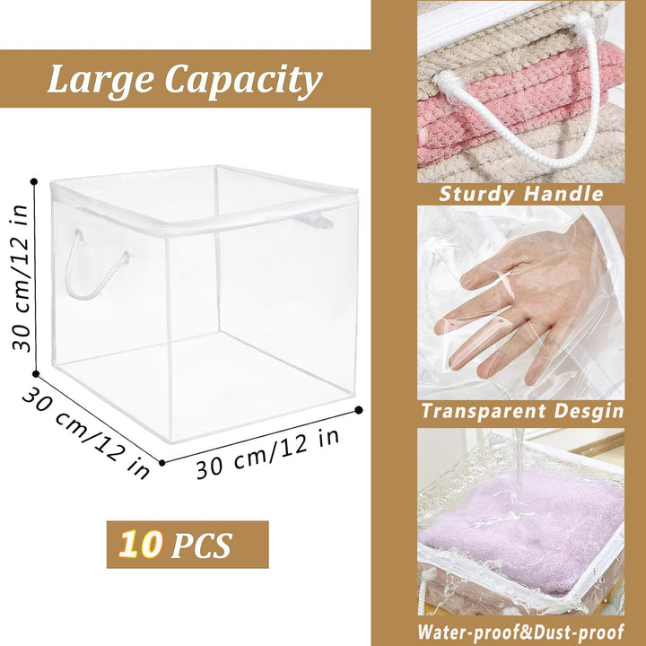 10 Pack Clear Zippered Storage Bags with Handles, PVC Storage Cube with Two - way Zipper, Foldable Closet Organizer Bed Sheet Organizer, Plastic Moving Bag Bin for Clothes, Towel, Sweater - Just Closeouts Canada Inc.