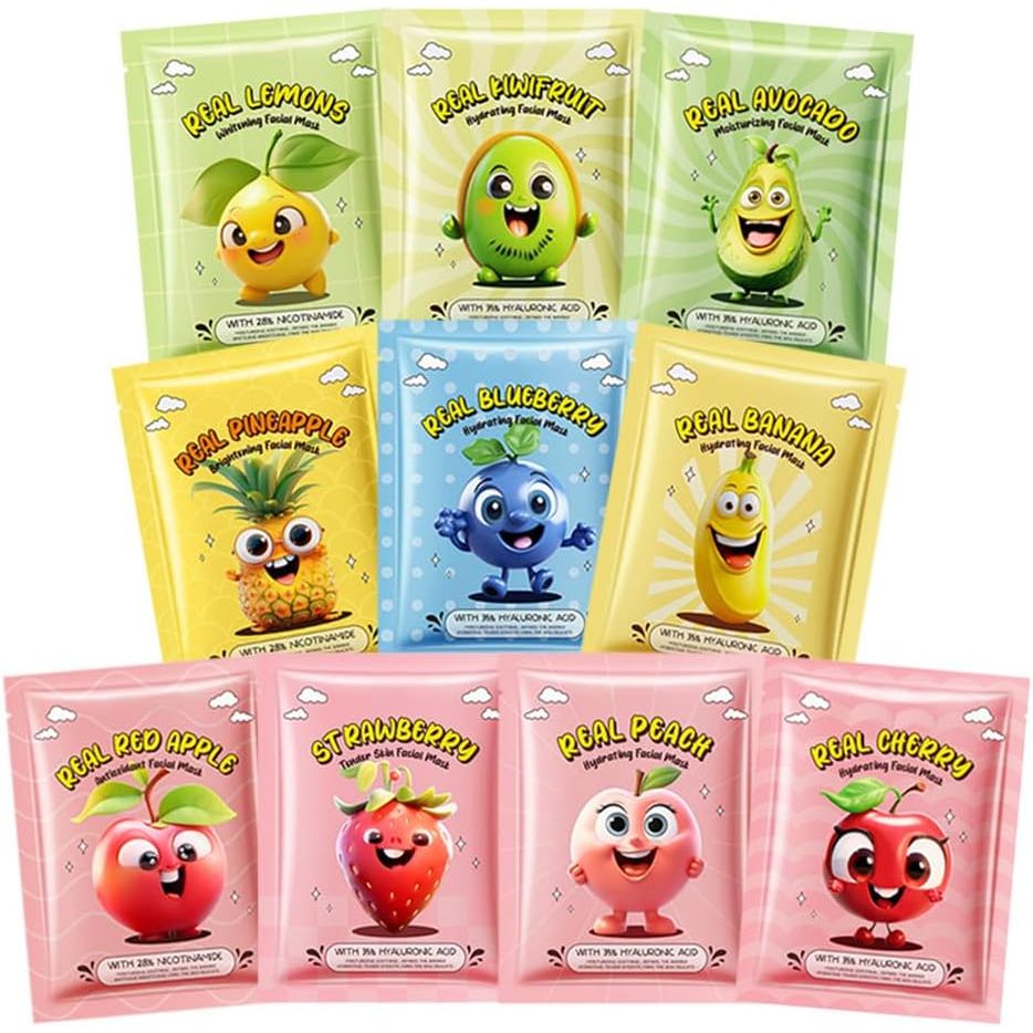 10 Pack Fruit Face Mask, Facial Mask for Kids Skin Care Moisturize, Brighten Soothe Spa Party Face Mask Set for Women Men Girls Nourish for All Skin Types - Just Closeouts Canada Inc.