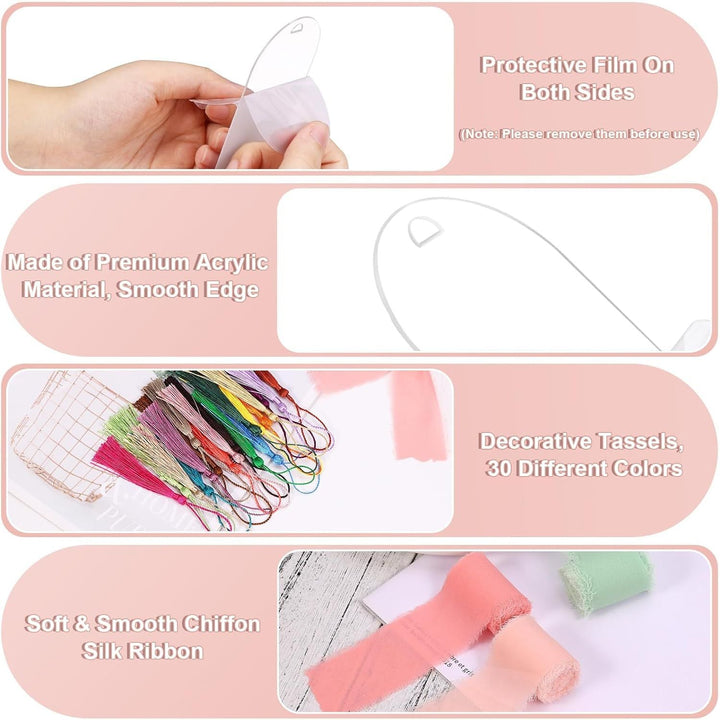 100 Pieces Acrylic Bookmark Blanks, Clear Acrylic Bookmarks with 30 Pieces Tassels and 4 Rolls Chiffon Silk Ribbon, Transparent DIY Bookmarks for Book Lover Crafts Present Tag Reading Accessories - Just Closeouts Canada Inc.