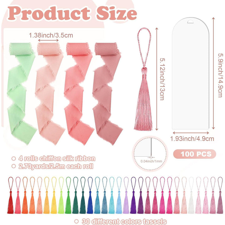 100 Pieces Acrylic Bookmark Blanks, Clear Acrylic Bookmarks with 30 Pieces Tassels and 4 Rolls Chiffon Silk Ribbon, Transparent DIY Bookmarks for Book Lover Crafts Present Tag Reading Accessories - Just Closeouts Canada Inc.