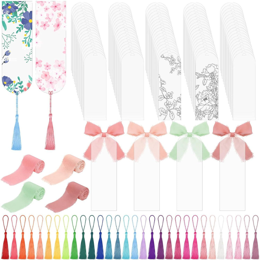 100 Pieces Acrylic Bookmark Blanks, Clear Acrylic Bookmarks with 30 Pieces Tassels and 4 Rolls Chiffon Silk Ribbon, Transparent DIY Bookmarks for Book Lover Crafts Present Tag Reading Accessories - Just Closeouts Canada Inc.