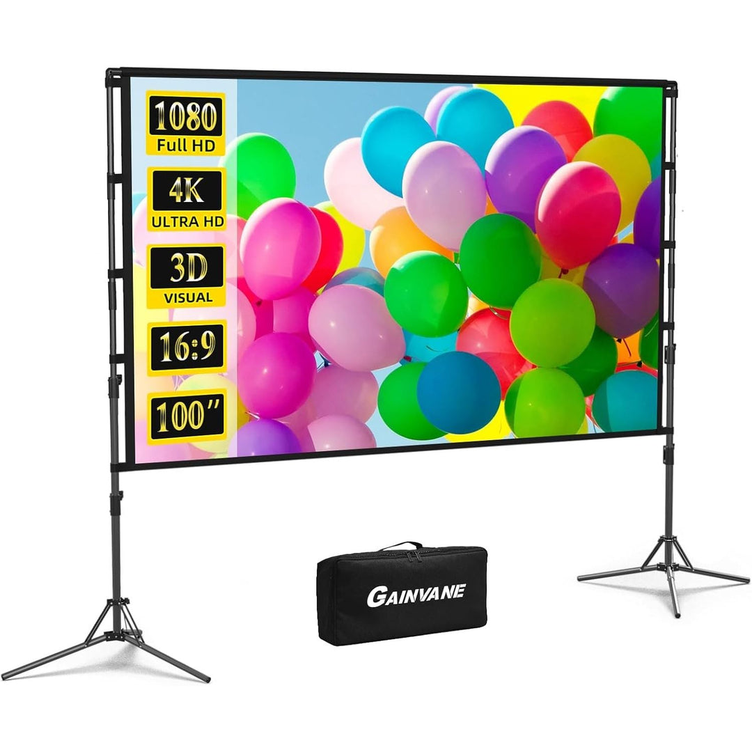 100 Projector Screen with Stand Foldable Portable Movie Screen 100”（16：9）, HD 4K Double Sided Projection Screen with Carry Bag Indoor Outdoor Video Screen for Home Theater - Just Closeouts Canada Inc.