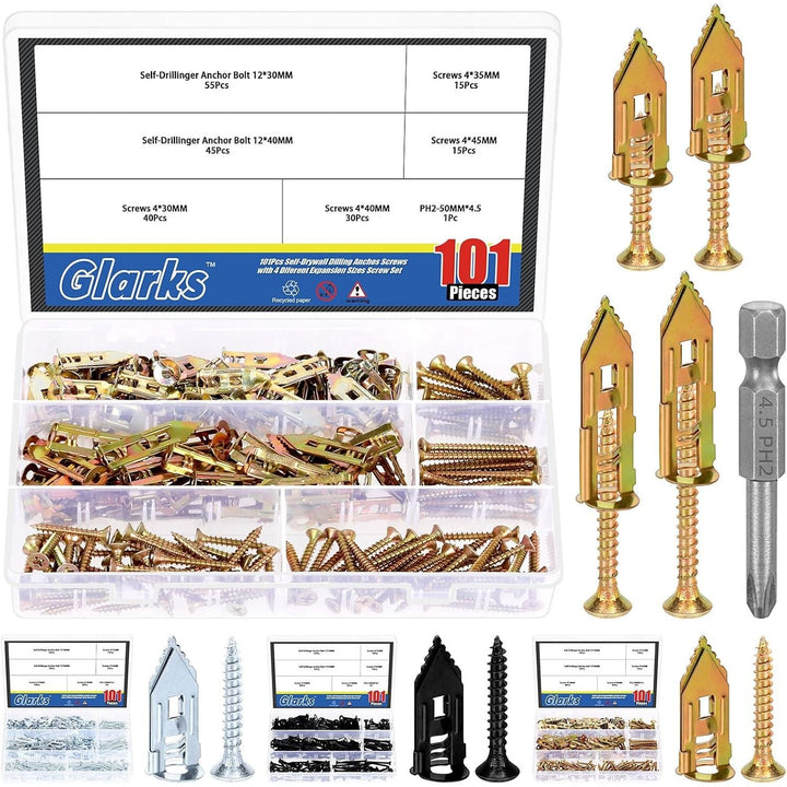 101pcs Drywall Self-Drilling Anchors with Screws Set, 100pcs Carbon Steel Hollow Wall Anchor Tapping Screw with 100pcs Screws and 1pcs PH2 Bit Kit for No Drill or Holes in Wall (Coloured Zinc) - Just Closeouts Canada Inc.X004MQZZGN