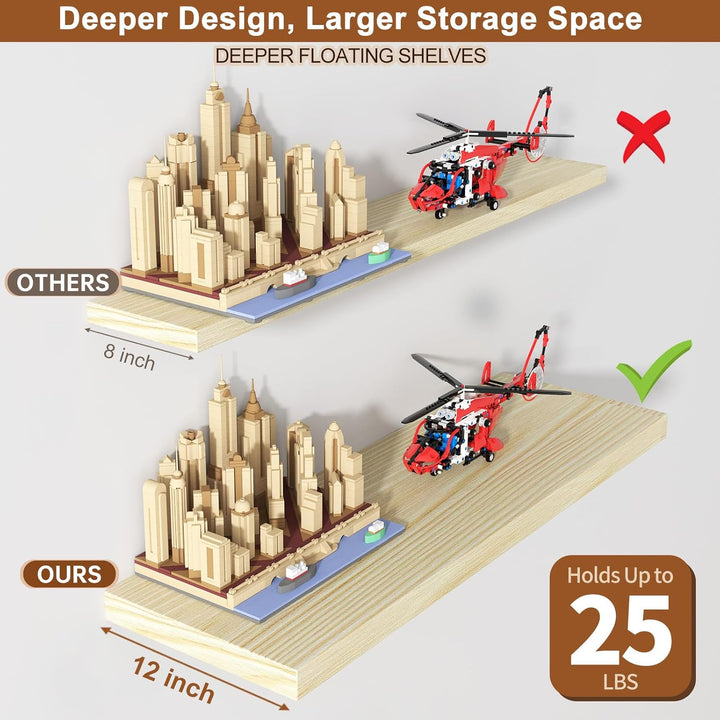12 Inch Deep Floating Shelves for Wall 2 Pack Floating Shelves Large Storage Space Wall Mount Shelf for Living Room Kitchen Bathroom 36" W x 12" D x 1.2" H Oak - Just Closeouts Canada Inc.