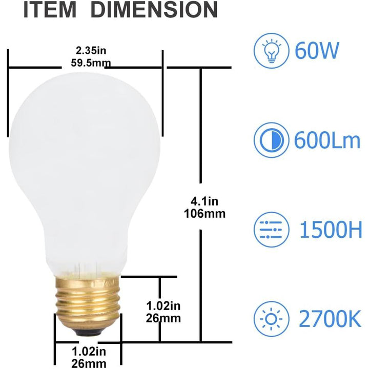 12 Pack 60 Watt A19 E26 Medium Base 130 Volt Incandescent Light Bulbs, Standard Household Bulbs for Ceiling Fan, Bedroom, Living Room - Just Closeouts Canada Inc.