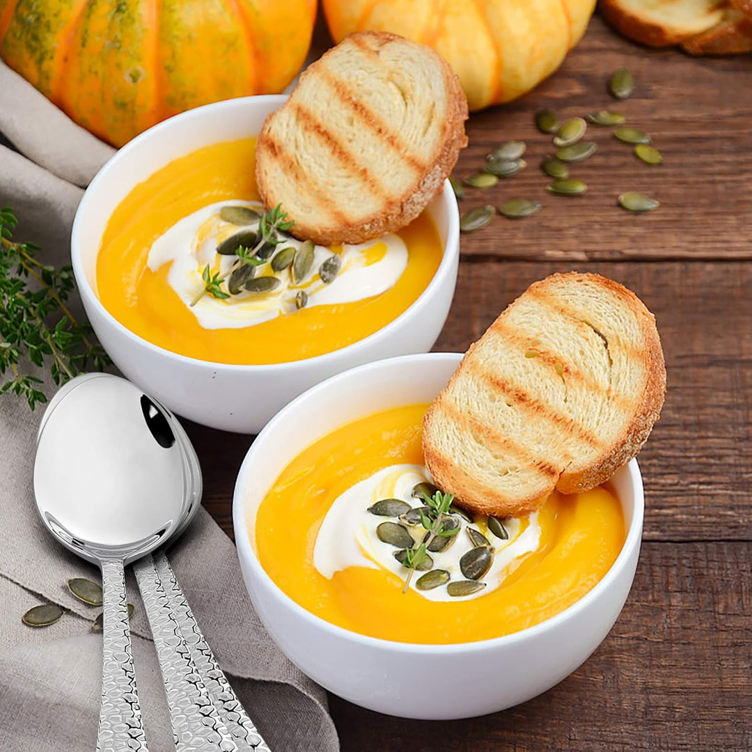 12 - Piece Stainless Steel Hammered Dinner Spoons Set, Modern Silver Large Soup Spoons for Home, Kitchen, Restaurant, Round Edge & Mirror Polished, Dishwasher Safe - 7.9 Inches - Just Closeouts Canada Inc.