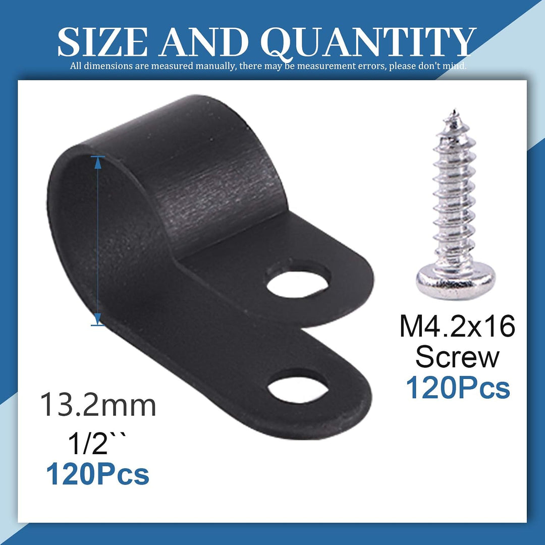 120Pcs 1/2 Inch Black Nylon Screw Mounting R-Type Cable Clip Wire Clamp with 120Pcs Screws for Wire, Cable, Conduit and Cable Conduit Kit (Black) - Just Closeouts Canada Inc.X002Q34C0T