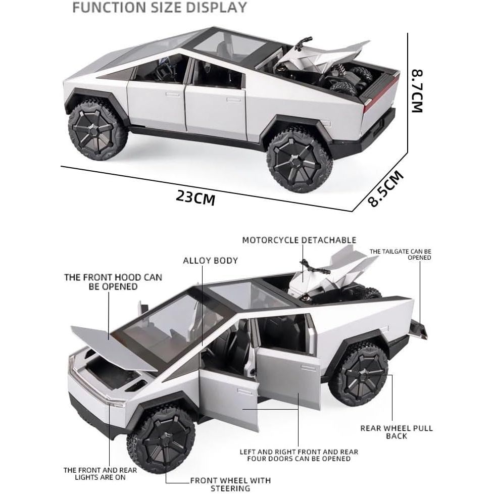 1:24 Cyberpunk Pickup Truck Model Alloy Simulation Sound and Light Pull Back Off - Road Vehicle Boys Collection Decoration Birthday Gift (Silver) - Just Closeouts Canada Inc.