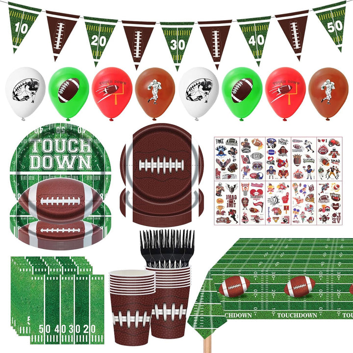 128Pcs Football Birthday Party Supplies; Serves 20 Guests; Includes Plates, Cups, Napkins, Forks, Balloons, Banner, Tablecloth, Tattoos; Football Theme; Perfect for Birthday Parties - Just Closeouts Canada Inc.