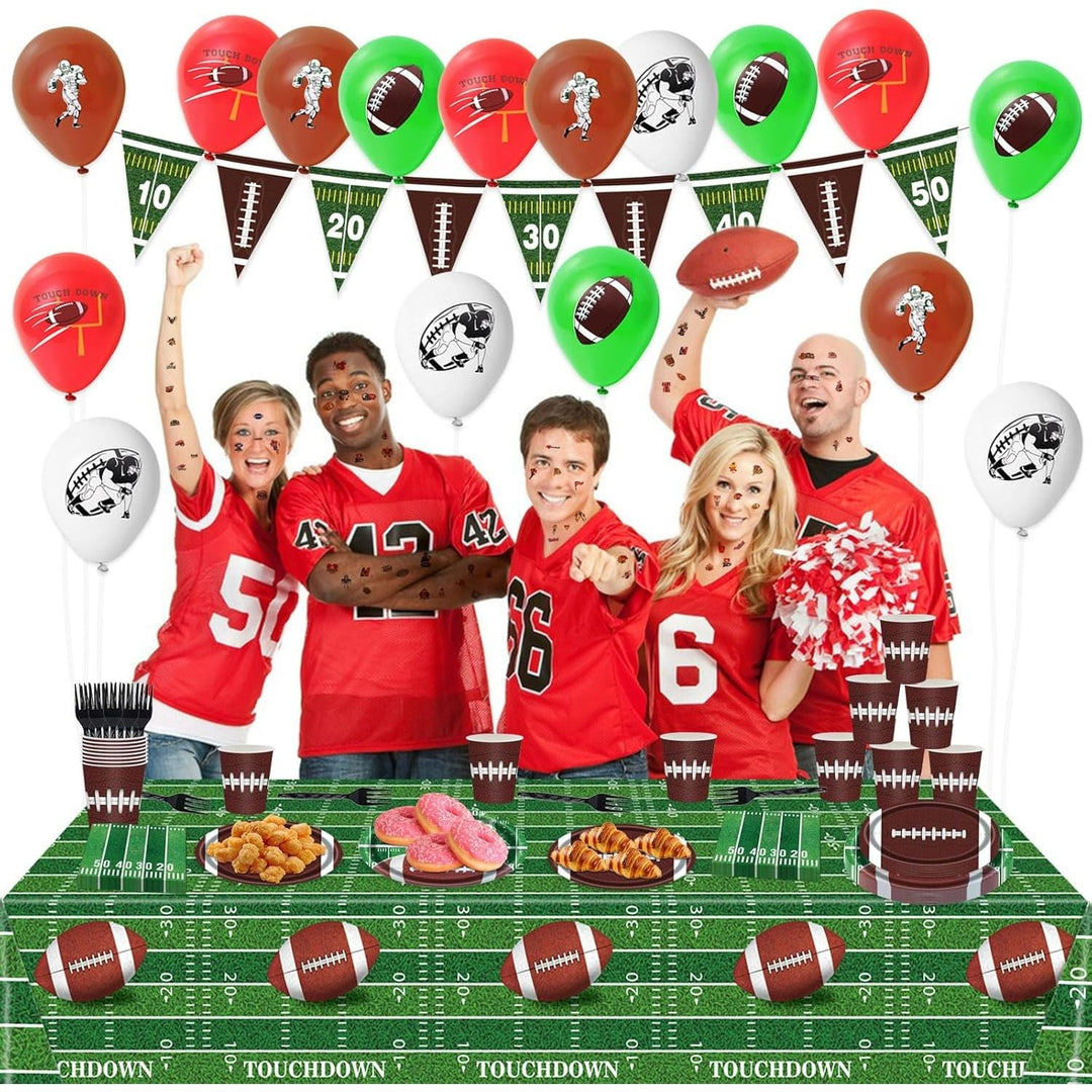 128Pcs Football Birthday Party Supplies; Serves 20 Guests; Includes Plates, Cups, Napkins, Forks, Balloons, Banner, Tablecloth, Tattoos; Football Theme; Perfect for Birthday Parties - Just Closeouts Canada Inc.