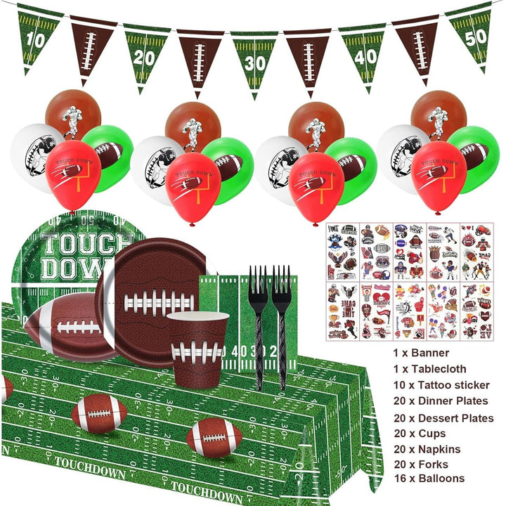 128Pcs Football Birthday Party Supplies; Serves 20 Guests; Includes Plates, Cups, Napkins, Forks, Balloons, Banner, Tablecloth, Tattoos; Football Theme; Perfect for Birthday Parties - Just Closeouts Canada Inc.