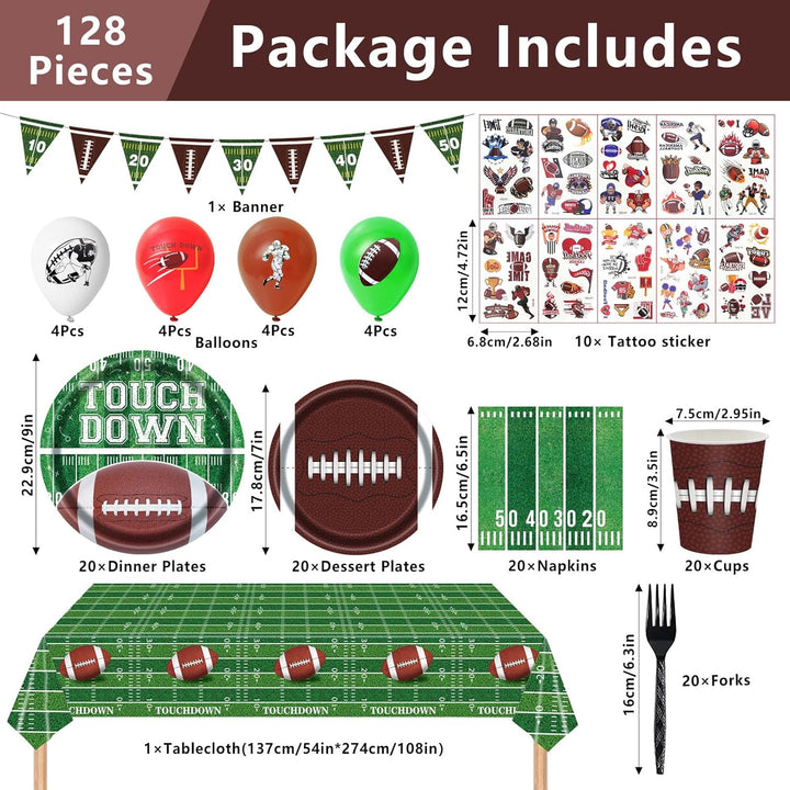 128Pcs Football Birthday Party Supplies; Serves 20 Guests; Includes Plates, Cups, Napkins, Forks, Balloons, Banner, Tablecloth, Tattoos; Football Theme; Perfect for Birthday Parties - Just Closeouts Canada Inc.