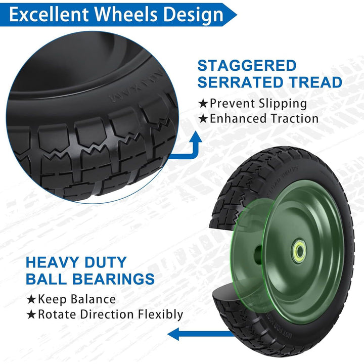 13 Inch Flat Free Wheels Cart Tires 4.00 - 6 Solid Replacement with Universal 5/8" Axle Bore Hole, Spacers and Pins, for Wheelbarrow, Garden Wagon, Hand Truck, Trolley, Lawn Mower?4 Pack - Just Closeouts Canada Inc.