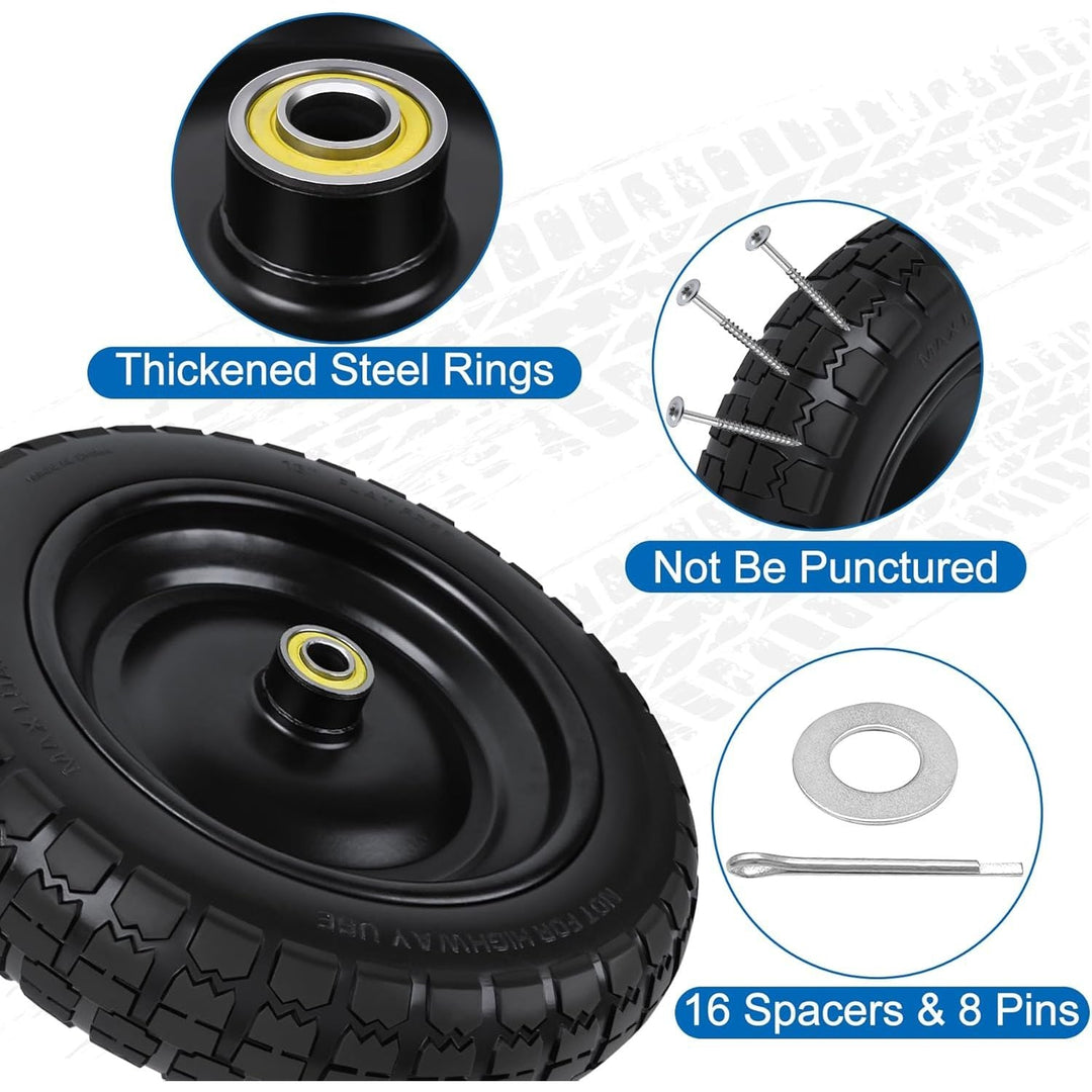 13 Inch Flat Free Wheels Cart Tires 4.00 - 6 Solid Replacement with Universal 5/8" Axle Bore Hole, Spacers and Pins, for Wheelbarrow, Garden Wagon, Hand Truck, Trolley, Lawn Mower?4 Pack - Just Closeouts Canada Inc.