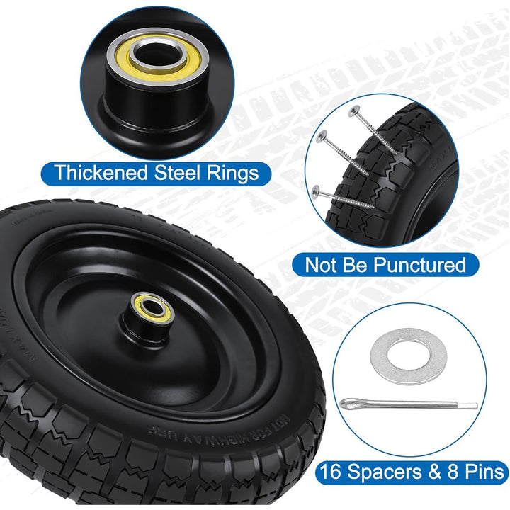 13 Inch Flat Free Wheels Cart Tires 4.00 - 6 Solid Replacement with Universal 5/8" Axle Bore Hole, Spacers and Pins, for Wheelbarrow, Garden Wagon, Hand Truck, Trolley, Lawn Mower?4 Pack - Just Closeouts Canada Inc.