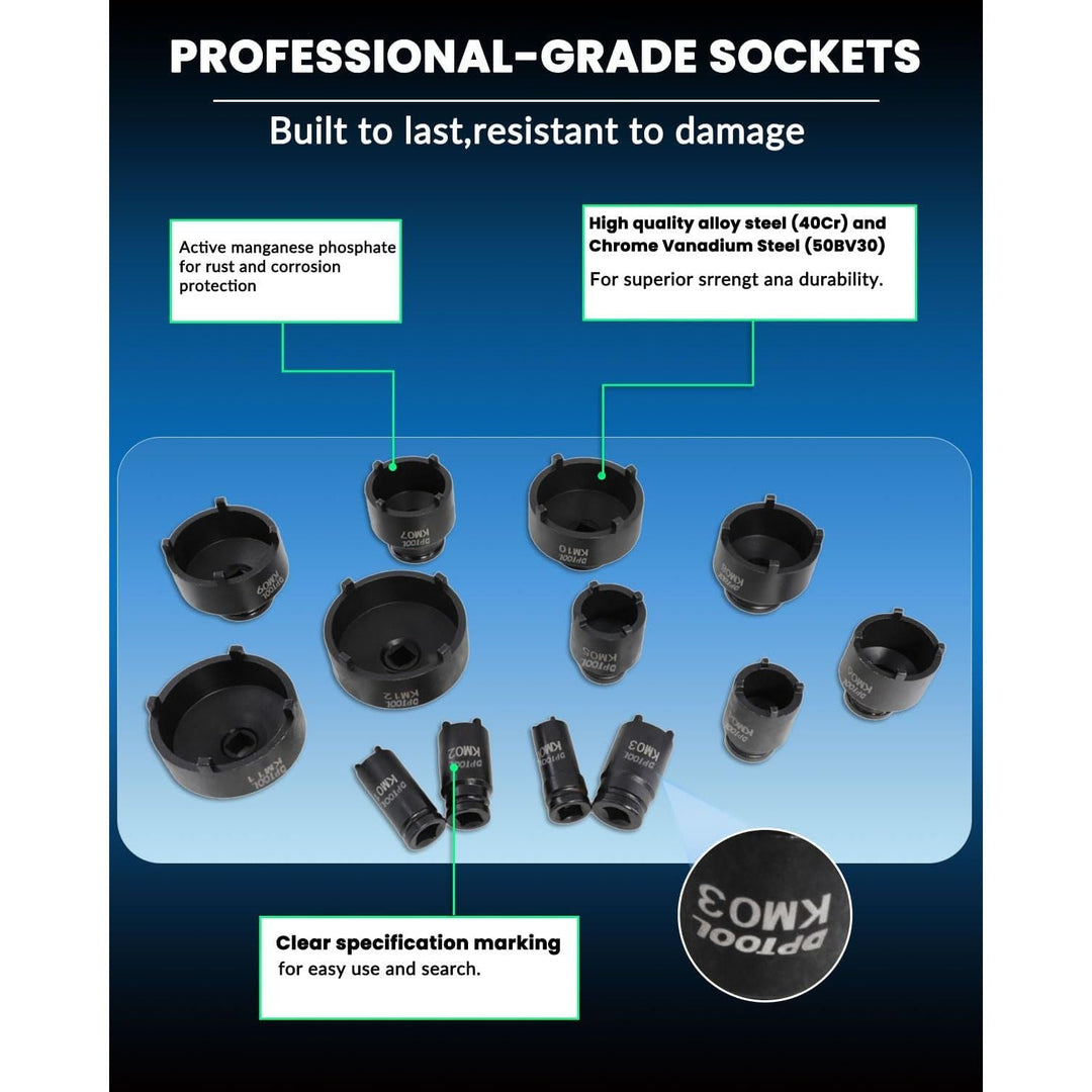 13pc Spindle Nuts Socket Kit Ball Joints Axle Locknut Remove Install Locking Hub Socket for KM Groove Nuts, 4 Teeth Exterior with 1/2'' 21.5mm 25mm 30mm 32.5mm 36mm 43mm 48.5mm 57mm 62.5mm 69mm 76mm - Just Closeouts Canada Inc.X0049F6VFB