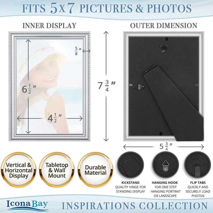 13x18 cm Silver Picture Frame - Beautifully Detailed Moulding - Contemporary Picture Frame - Wall Mount or Table Top - Inspirations Collection - Just Closeouts Canada Inc.669002366240