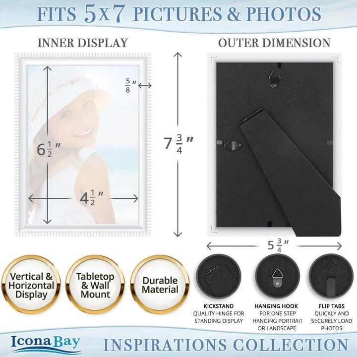 13x18 cm White Picture Frame - Beautifully Detailed Moulding - Contemporary Picture Frame - Wall Mount or Table Top - Inspirations Collection, 1PK - Just Closeouts Canada Inc.669002366189