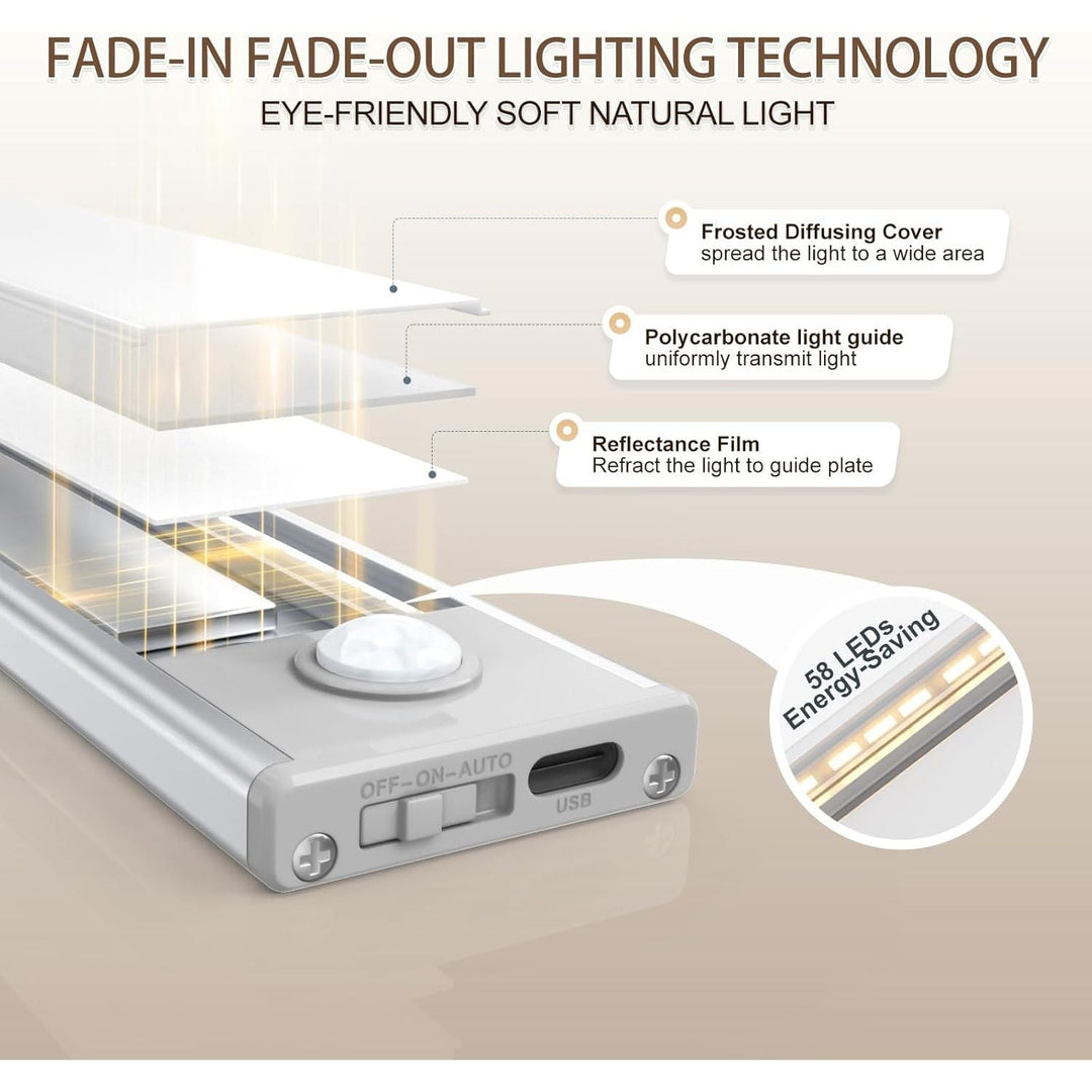 14 inch Under Cabinet Lighting, 58 LED Rechargeable Motion Sensor Light Indoor, Stick On Magnetic Closet Lights, Wireless Under Counter Lights for Kitchen, Stairs, Warm 6 Pack - Just Closeouts Canada Inc.