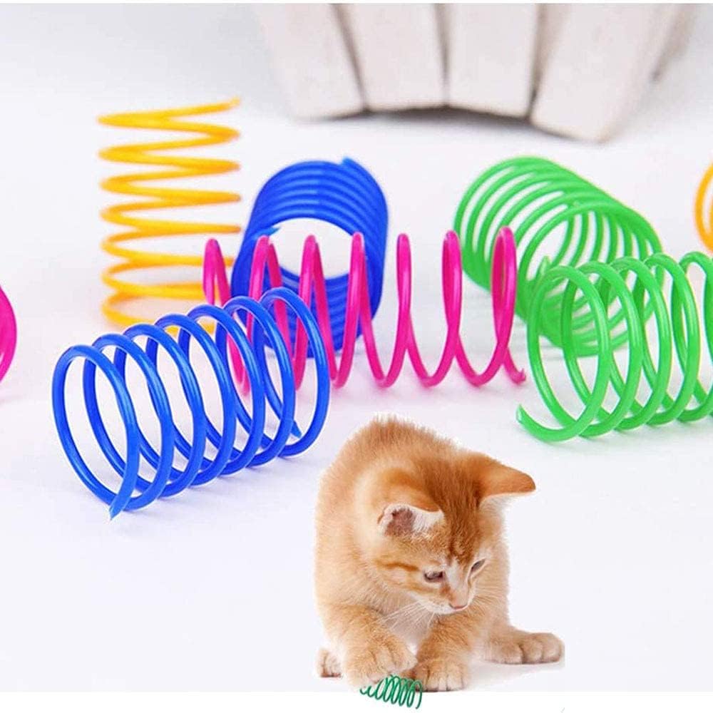 Kitten playing with a colourful spring toy