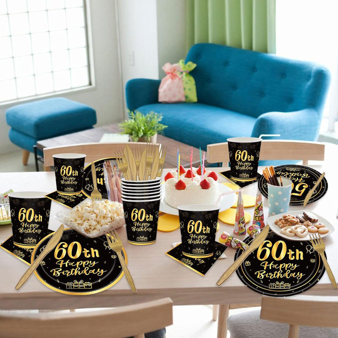 144PCS 60th Birthday Party Supplies Black and Gold 60 Years Birthday Plates and Napkins Tableware Set 60th Party Decorations Including Paper Plates Napkins Cups Forks Serve 24 for Men Women - Just Closeouts Canada Inc.