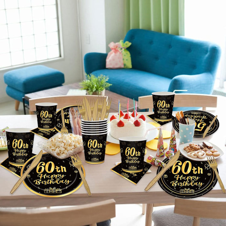 144PCS 60th Birthday Party Supplies Black and Gold 60 Years Birthday Plates and Napkins Tableware Set 60th Party Decorations Including Paper Plates Napkins Cups Forks Serve 24 for Men Women - Just Closeouts Canada Inc.