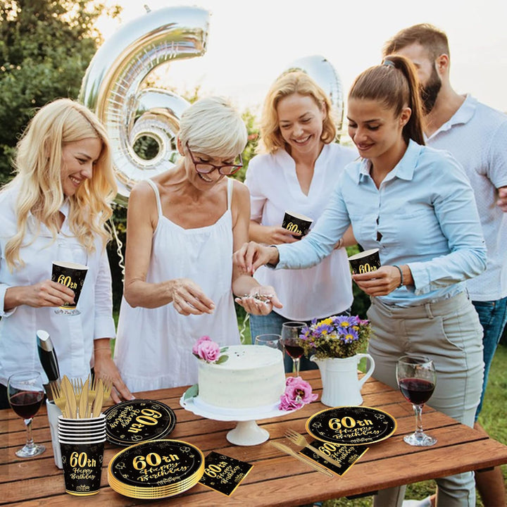 144PCS 60th Birthday Party Supplies Black and Gold 60 Years Birthday Plates and Napkins Tableware Set 60th Party Decorations Including Paper Plates Napkins Cups Forks Serve 24 for Men Women - Just Closeouts Canada Inc.