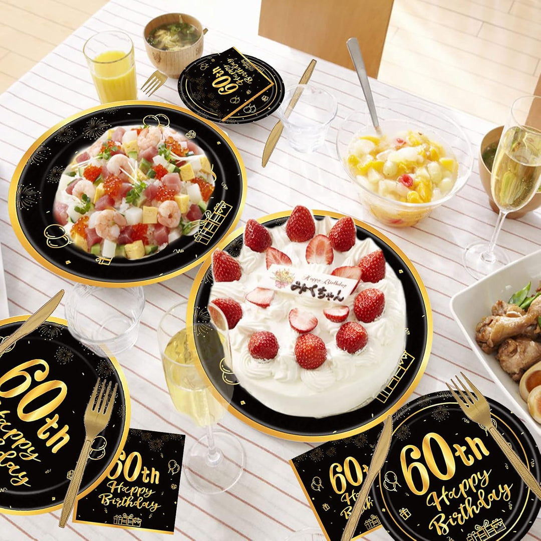 144PCS 60th Birthday Party Supplies Black and Gold 60 Years Birthday Plates and Napkins Tableware Set 60th Party Decorations Including Paper Plates Napkins Cups Forks Serve 24 for Men Women - Just Closeouts Canada Inc.