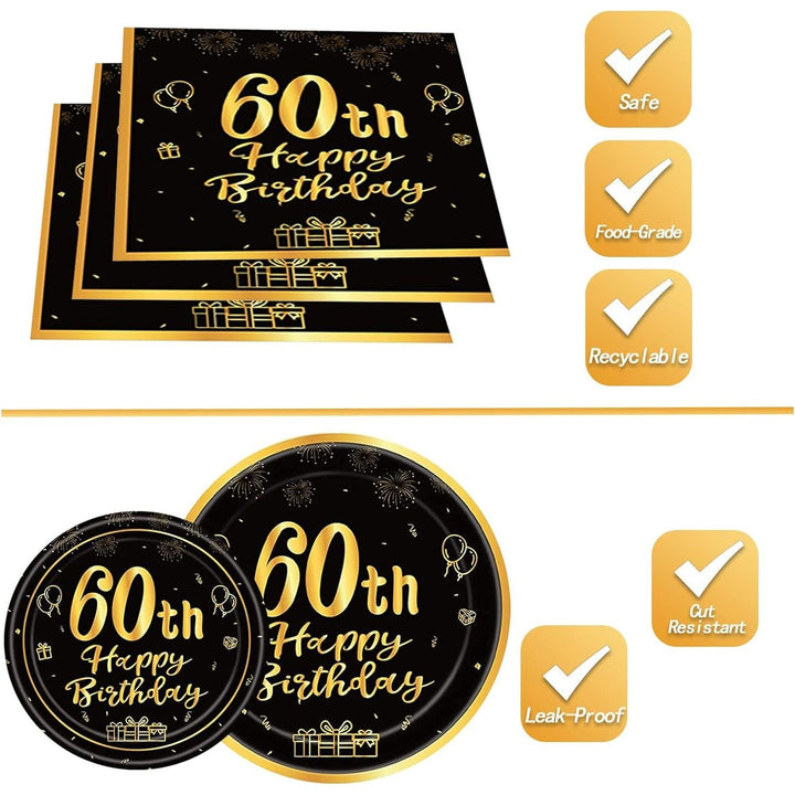 144PCS 60th Birthday Party Supplies Black and Gold 60 Years Birthday Plates and Napkins Tableware Set 60th Party Decorations Including Paper Plates Napkins Cups Forks Serve 24 for Men Women - Just Closeouts Canada Inc.