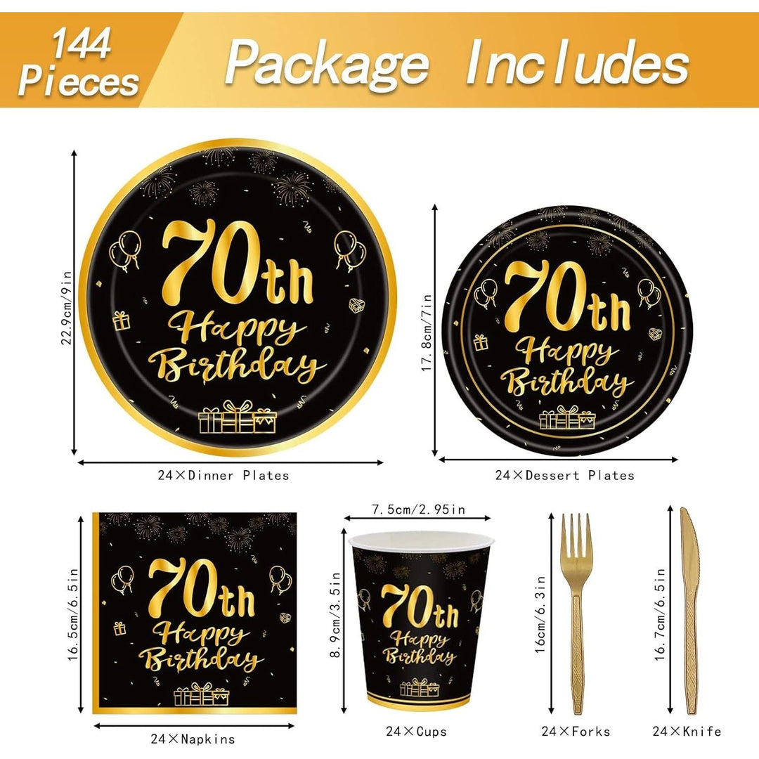 144PCS 70th Birthday Party Supplies Black and Gold 70 Years Birthday Plates and Napkins Tableware Set 70th Party Decorations Including Paper Plates Napkins Cups Forks Serve 24 for Men Women - Just Closeouts Canada Inc.
