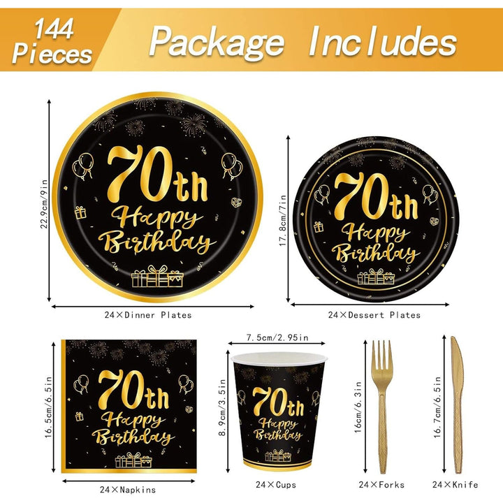 144PCS 70th Birthday Party Supplies Black and Gold 70 Years Birthday Plates and Napkins Tableware Set 70th Party Decorations Including Paper Plates Napkins Cups Forks Serve 24 for Men Women - Just Closeouts Canada Inc.